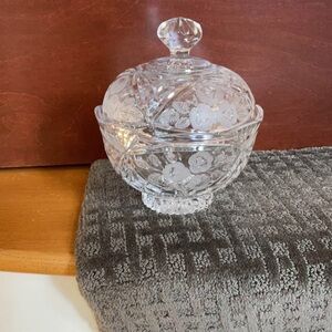 Vintage Crystal Glass Candy Dish with Lid with Frosted Flowers & Leaves